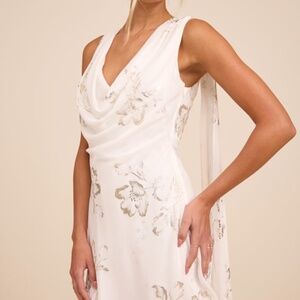 Lulus Sidonia White And Gold Floral Cowl Sash Mini Dress - Size M